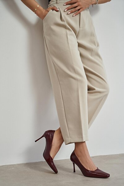 NİŞANTAŞI SHOES Zivy Burgundy Rustic Patterned Flat Toe 7-8 cm Heel Length Wo...