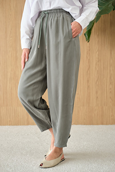 LOCCO Pantaloni Shalwar croială pentru femei, cu talie reglabilă, verde kaki