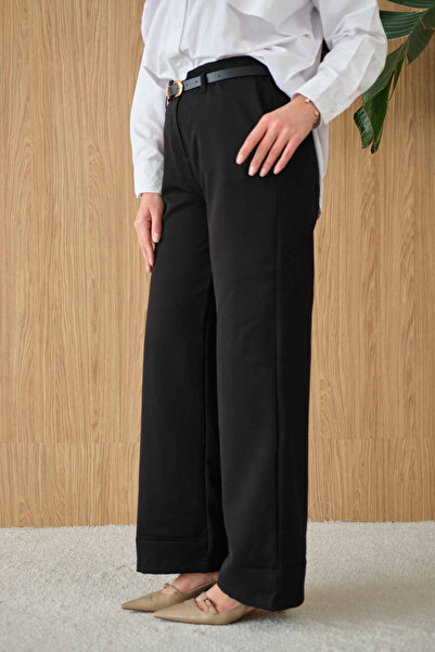 LOCCO Women's Folded-Cuff Detail Belt Piece Trousers Black