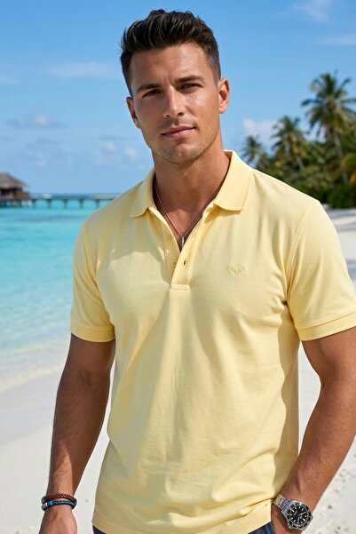 Maccali Men's Trend Summer Basic Yellow Polo Neck T-Shirt