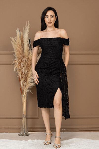 BEYBOS Lace Fabric Boat Neck Dress - Black