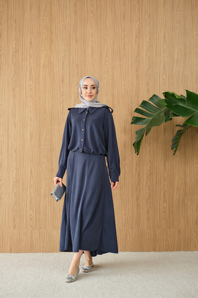 LOCCO Women's Shirt Collar Silver Button Detail Suit Navy Blue