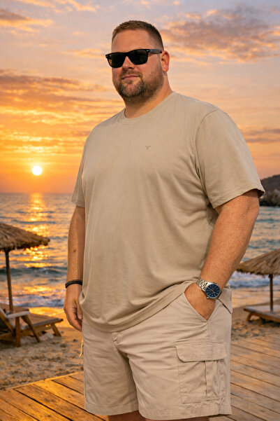 Maccali Men's Plus Size Crew Neck Summer Basic Beige T-Shirt