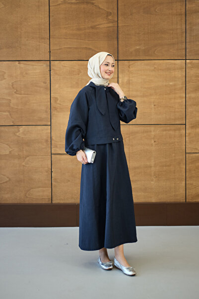 LOCCO Women's Scarf Collar Cupra Skirt Suit Navy Blue