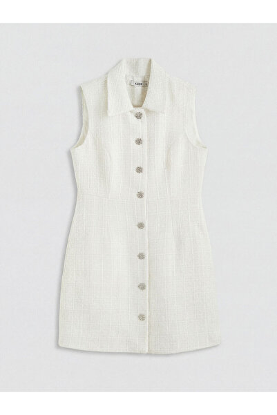 LC Waikiki XSIDE Εκρού Φόρεμα με Γιακά Πουκάμισου Μίνι Τουίντ