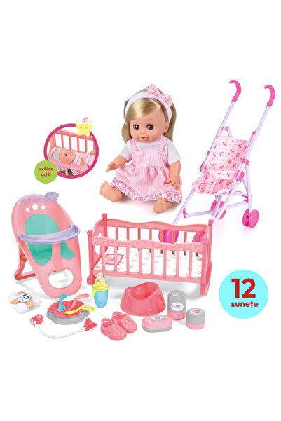 RCO Interactive Doll Set with 12 Sounds, Stroller and Crib, 16 Accessories, D...