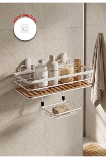 Okyanus Home حامل شامبو خشبي أبيض مستطيل الشكل بوظيفتين مع خيار اللصق أو التث...