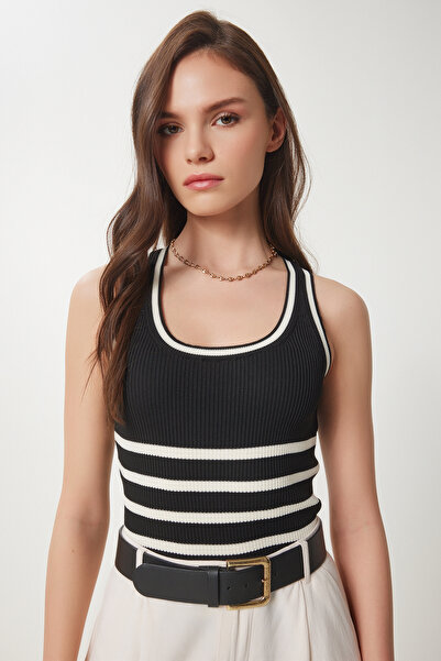 Lovelyİstanbul Striped Knitwear Blouse Lfn0088 Black Cream