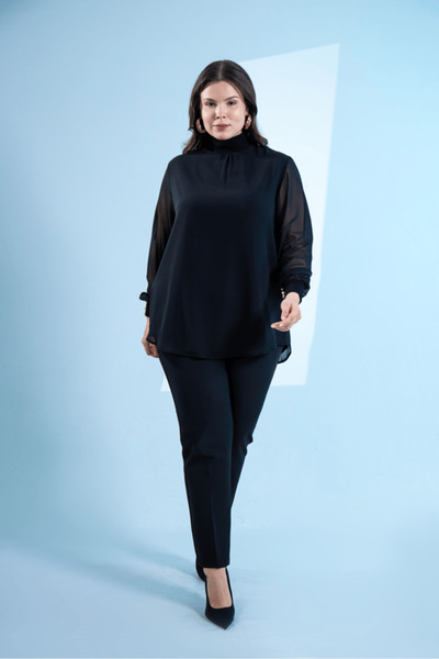 Roxxlen Γυναικεία μπλούζα από σιφόν με ψηλό λαιμό σε μεγάλο μέγεθος, μαύρη