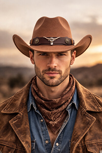 HatClub Exclusive Men's Brown Cowboy Western Style Hat with Leather Details