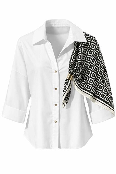 Miss Poem Women's White Scarf Detailed Shirt