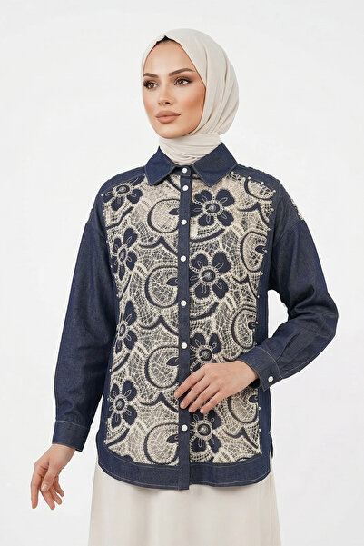 Ceremony Lace Detailed Front Snap Button Shirt 128 Denim