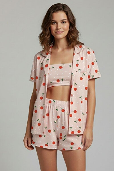 İPEKTENİM Kiraz Desenli Pudra Pembe Üçlü Crop/Gömlek/Şort Pijama Takımı