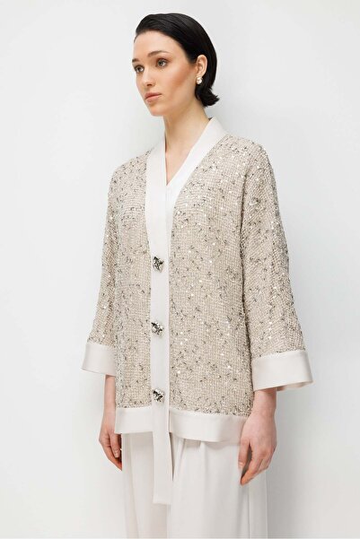 Moda İlgi Modailgi Pullu Fileli Oversize Düğme Detaylı Ceket - 40124 Taş