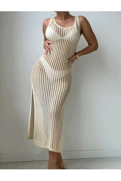 EKİN DEMİR Lace-Like Knit Pattern V-Neck Midi Length Beach Dress