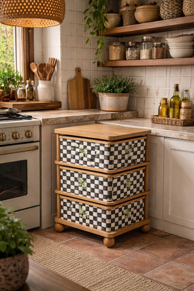 sonnenflügel Dama Desenli 3 Katlı Tekerlekli Çok Amaçlı Ahşap Patates Soğan S...