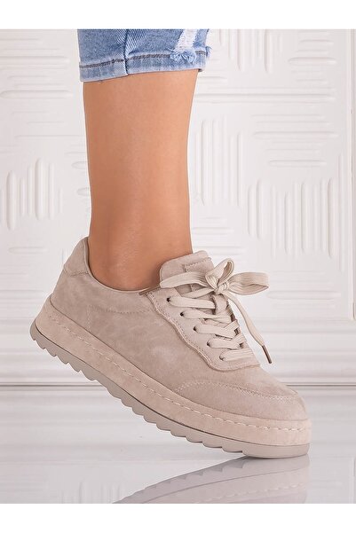 ALOGO Daliva Beige Women's Suede-Like Synthetic Leather Sneakers, Size 37