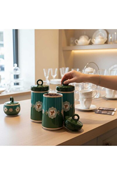 Carmen Soft 3-Piece Ceramic Green Bird Patterned Jar Storage Set Spice Rack