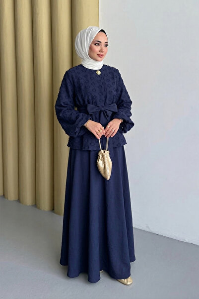 MODAQU Button Detailed Belted Skirt Blouse Set Navy Blue