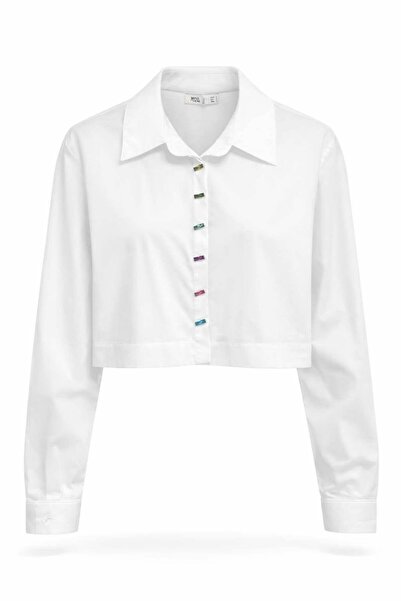 Miss Poem Women's White Colored Button Detailed Cropped Shirt