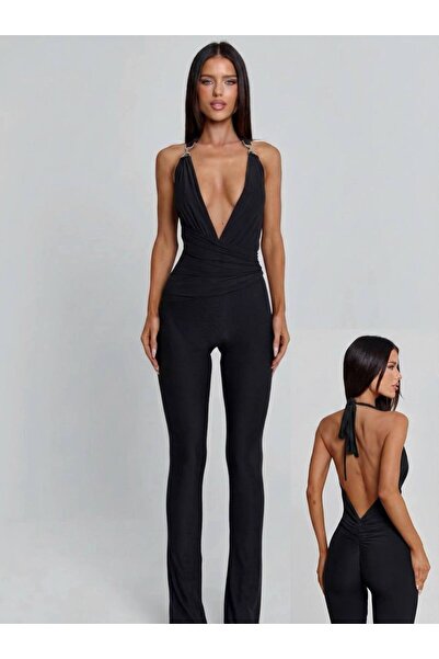 Eloraco Boyundan Baglamalı Kruvaze Bel Detay Sırt Dekolteli Tulum