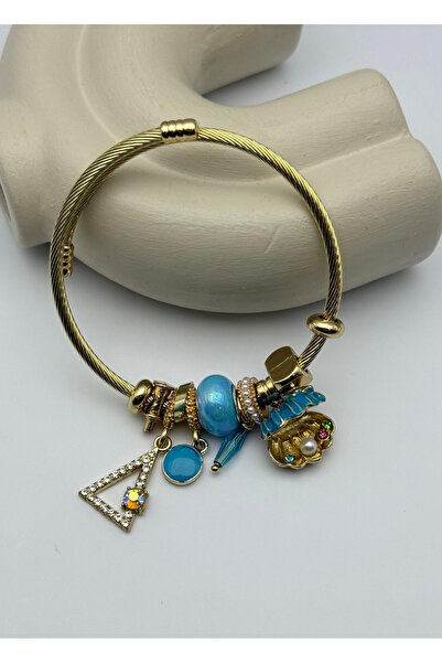 BİJU YILMAZ Steel Gold Stone Triangle Oyster Blue Charm Pndr Bracelet - 26Blk37