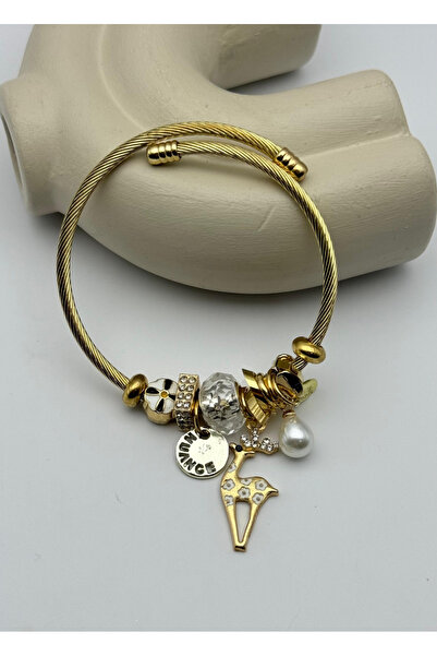 BİJU YILMAZ Steel Gold Pearl Stone White Deer Charm Bracelet - 26Blk36