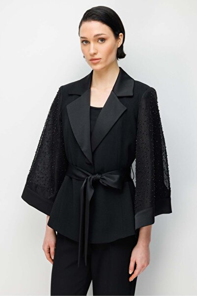 Moda İlgi Modailgi Kolu İncili File Kumaştan Kısa Ceket - 35012 Siyah