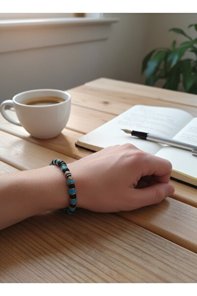 BS JEWELRY سوار من الحجر الطبيعي باللون الفيروزي والأونيكس - سوار من الحجر ال...