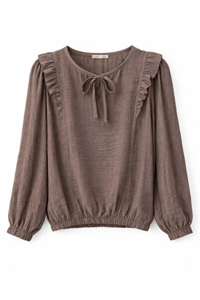 Mixray 4811 Γυναικείο γιακά με κορδόνια Λεπτομέρεια με βολάν Μοντάλ Μπλούζα καφέ