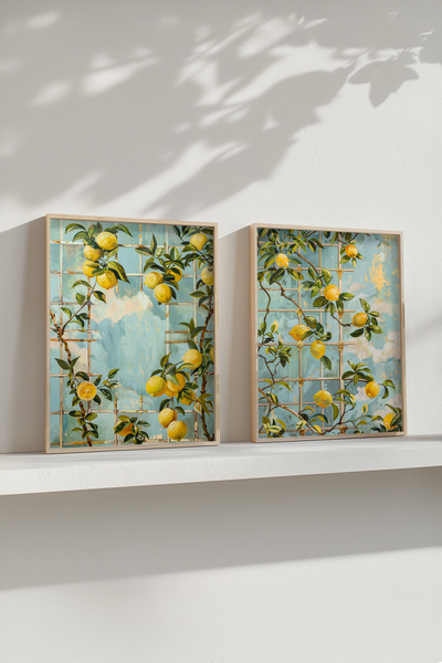 STARYUNA Wooden Framed Lemon Tree and Mediterranean Garden Themed Double Pain...