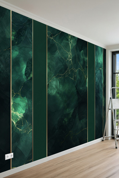 MİRAZAWALL Gold Damarlı Mermer ve Altın Şeritli Panel Desenli Tek Parça Tekst...