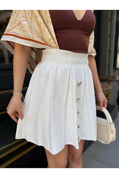 TOFİX textile Women's high waist button detailed Pleated Knit Skirt