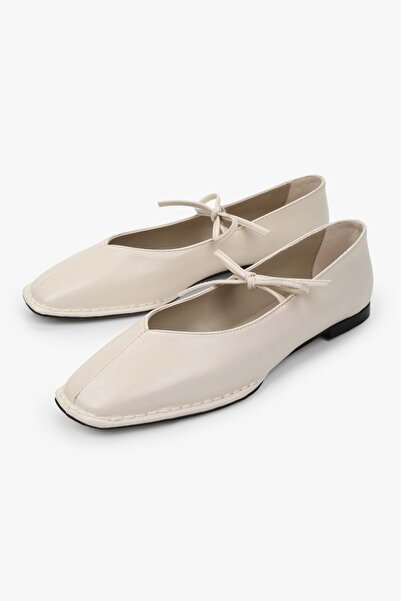 Shoeberry Women's Lunera Ecru Volume Tie-Detail Ballet Flats