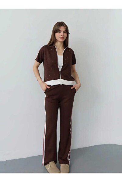 QİMYA BUTİK Şans Li̇fe Women's R Rib Knit Detailed Short Sleeve Stone Detaile...