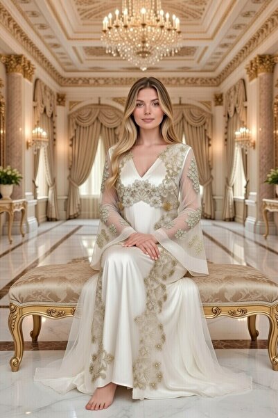 NAHAWAND Lüks Gold İşlemeli Şifon Kaftan - Elegant Uzun Elbise ve Abiye