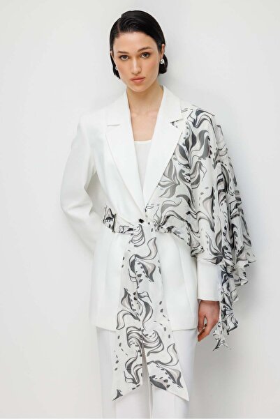 Moda İlgi Modailgi Omzu Desenli Şifon Kumaş Beli Kuşaklı Ceket - 45042 Ekru