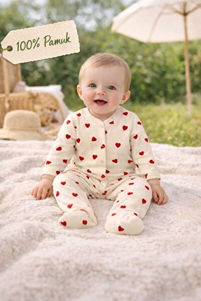 LİLİYUM Krem Kalp Desenli Bebek Tulum %100 Pamuk Uzun Kollu Çıtçıtlı Bebek Tulum