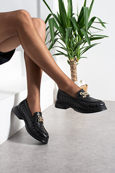 Hepici Γυναικεία κλασικά παπούτσια με μαύρο πλεκτό σχέδιο, άνετη σόλα και χρυ...