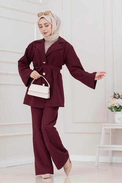 Sevitli Belt and Buckle Detail Double Set-Bordo