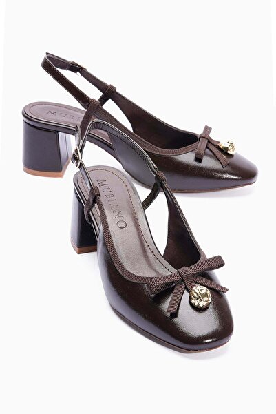 Mubiano Women's Heeled Shoes Bowknot Gold Detailed Open Back Olina Brown