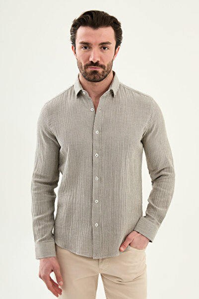 Mcr İnce Ç Striped S Slim Fit Long Sleeve 100% P Cotton Men's Shirt Brown - 2...
