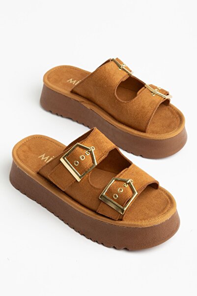 Hayalimdeki Ayakkabı Women's Tan Suede High PU Sole Double Buckled Slipper