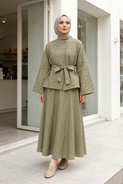 MODAQU Button Detailed Belted Skirt Blouse Set Mink