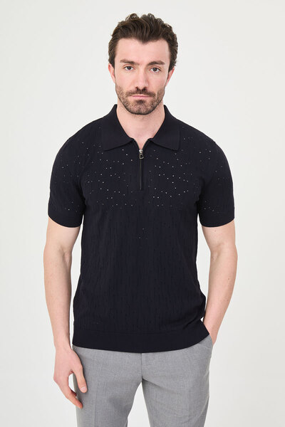 Mcr Delik Με σχέδιο εφαρμοστό Ανδρικό πλεκτό μπλουζάκι με φερμουάρ και λαιμόκ...