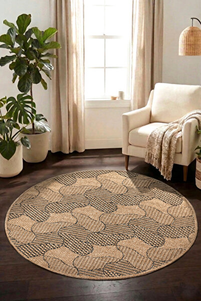 SOFT HOME Кръгъл килим от юта с бордюр / Бохемски килим, може да се пере