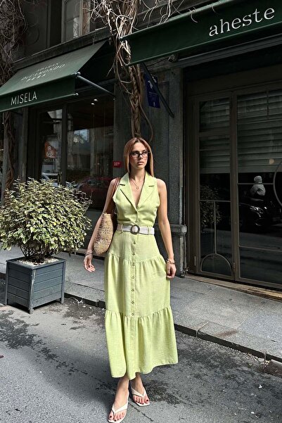 MyLoore Women's Yellow Belt Button Midi Dress Mlb149