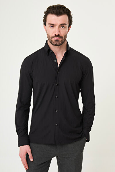 Mcr Striped Slim Fit Metal Button Long Sleeve Men's Shirt Black - 27139.26Y