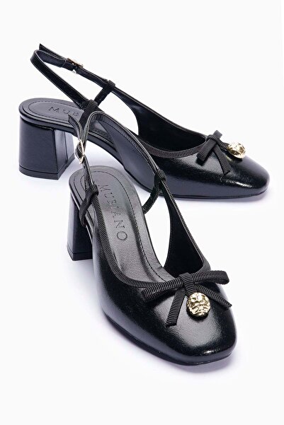 Mubiano Women's Heeled Shoes Bowknot Gold Detailed Open Back Olina Black