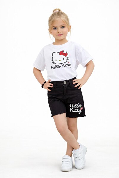Bambam Set tricou și pantaloni scurți pentru fete Hello Kitty cu imprimeu alb...